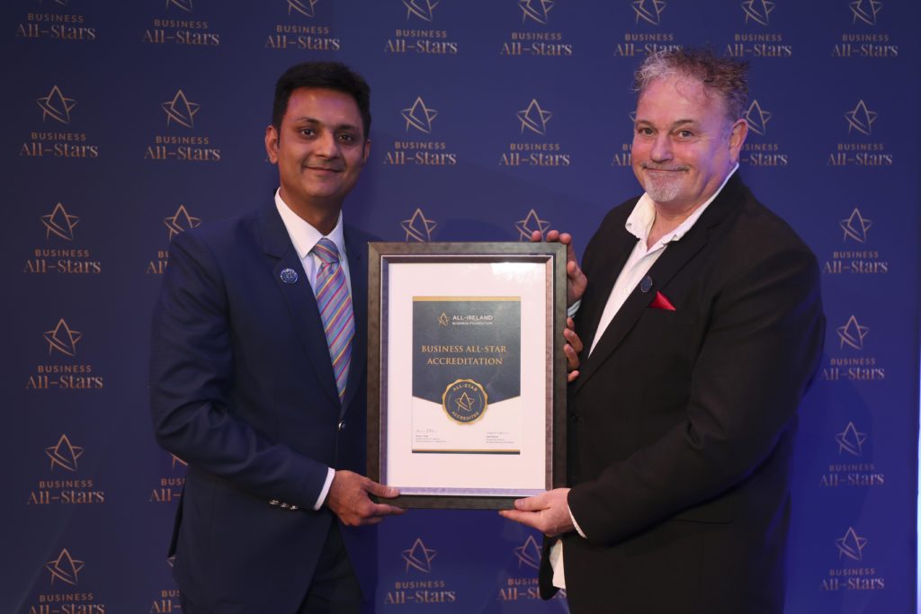 Ciaran Shanley receives the Business All-Star Accreditation from Kapil Khanna